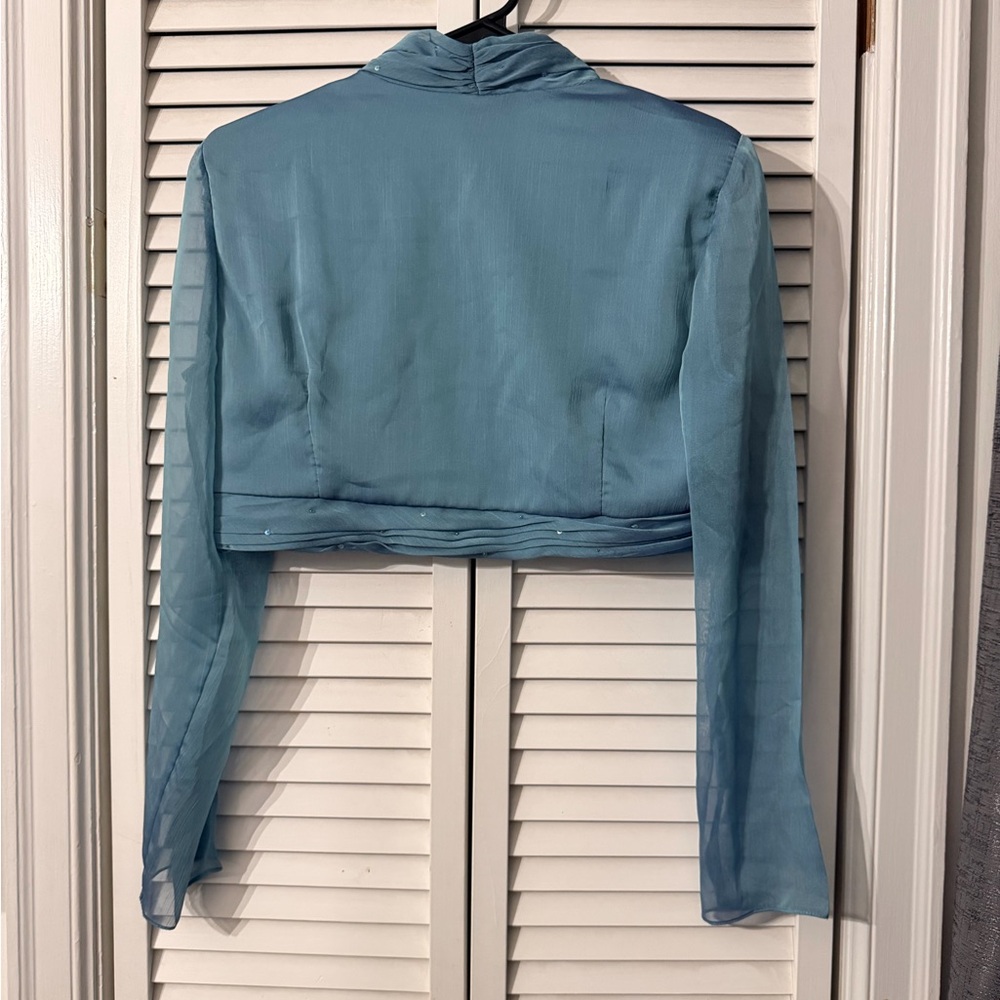 Ignite|  Elegant Blue Sheer Bolero Coverup Jacket Size 10 - Picture 4 of 5